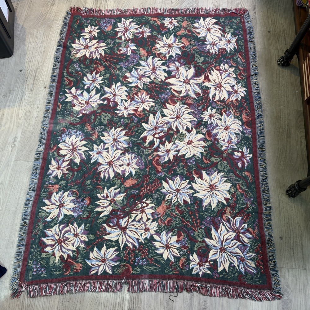 Goodwin Weavers Throw Blanket Afghan Winter Christmas Florals Horns Cotton USA